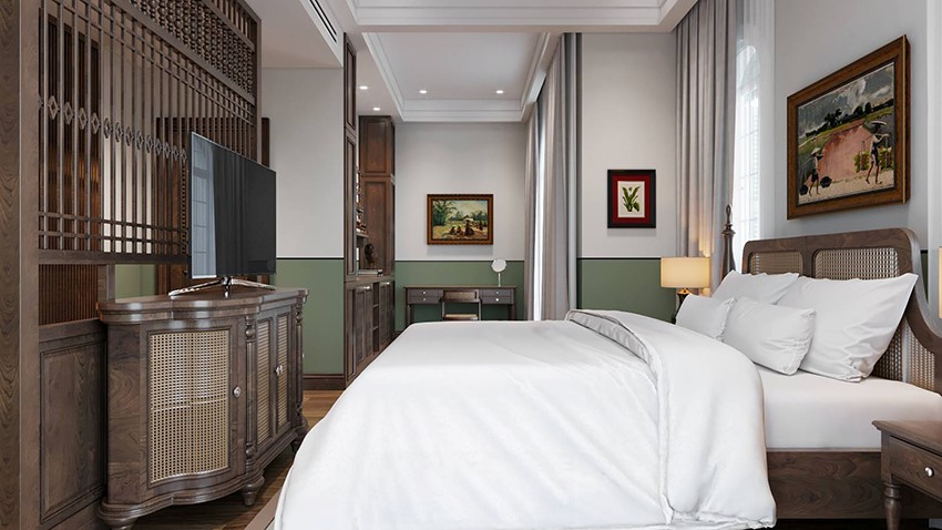 Mẫu phòng ngủ khách sạn 5 sao mang đặc trưng Đông Dương với tông màu trắng kết hợp với màu nội thất gỗ