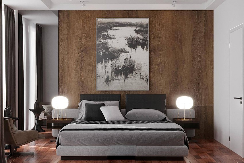 Tổng thể không gian mẫu phòng ngủ toát lên vẻ đẹp hiện đại, sang trọng nhờ phần sàn và tường gỗ