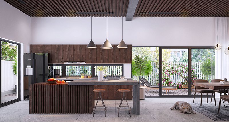 Phòng bếp rộng rãi, thiết kế sang trọng và tiện nghi với view nhìn ra vườn