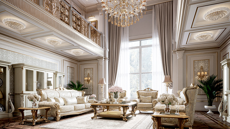 Phòng khách biệt thự 2 tầng ấn tượng với gam màu trắng và các chi tiết mạ vàng sang trọng