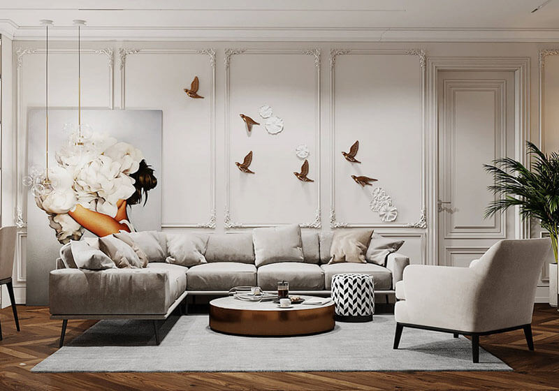 Căn phòng khách có thiết kế chủ đạo với tông màu trắng cùng cách trang trí độc đáo