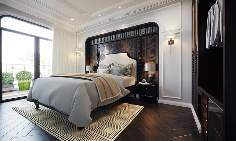 Thiết kế giường ngủ sang trọng với phần khung được làm từ gỗ tự nhiên cao cấp