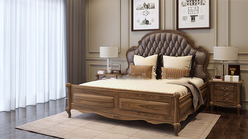 Bộ giường ngủ tân cổ điển gỗ óc chó cao cấp ấn tượng với đường vân gỗ độc đáo