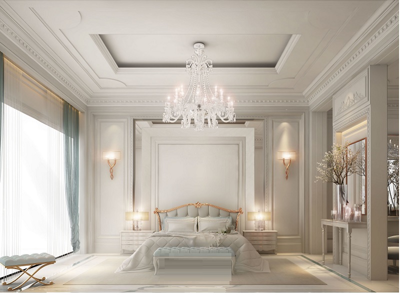 Mẫu giường tân cổ điển màu trắng bọc da đẹp làm bật nên sự tinh tế của không gian phòng ngủ