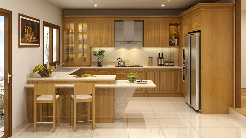 Không gian phòng bếp thiết kế hiện đại với các sản phẩm chất liệu gỗ Laminate chống mối mọt tốt
