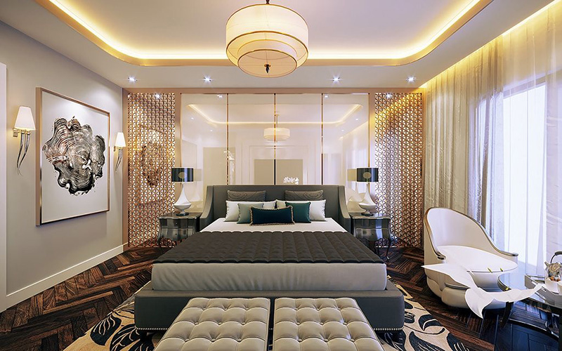 Phòng ngủ được thiết kế kết hợp giữa các yếu tố hiện đại và truyền thống vô cùng ấn tượng